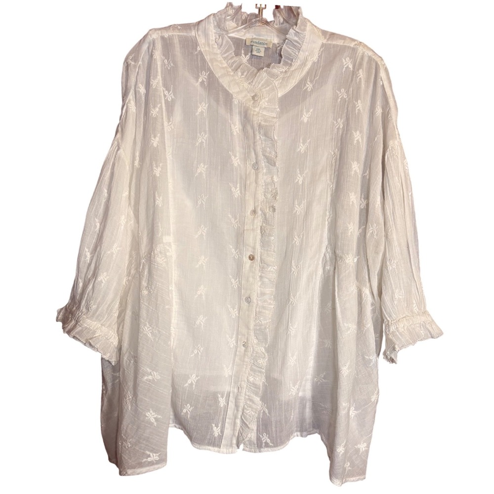 Sundance Blouse Womens XXL White Excellent Embroidered Ruffle Cotton Gauze Top - Picture 2 of 8